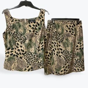 John Roberts Vintage 90s Animal Print Skirt Set Green Tan Leopard 2 Piece Sz 14
